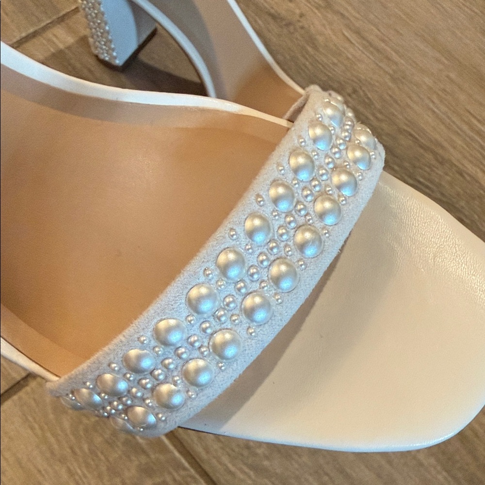 INC International Concepts White Pearl-Embellished Ankle-Strap Block Heel - Picture 4 of 9